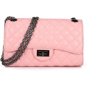 Women Pink PU Quilted Stylish Crossbody Bag with Chain Strap & Flap Closure